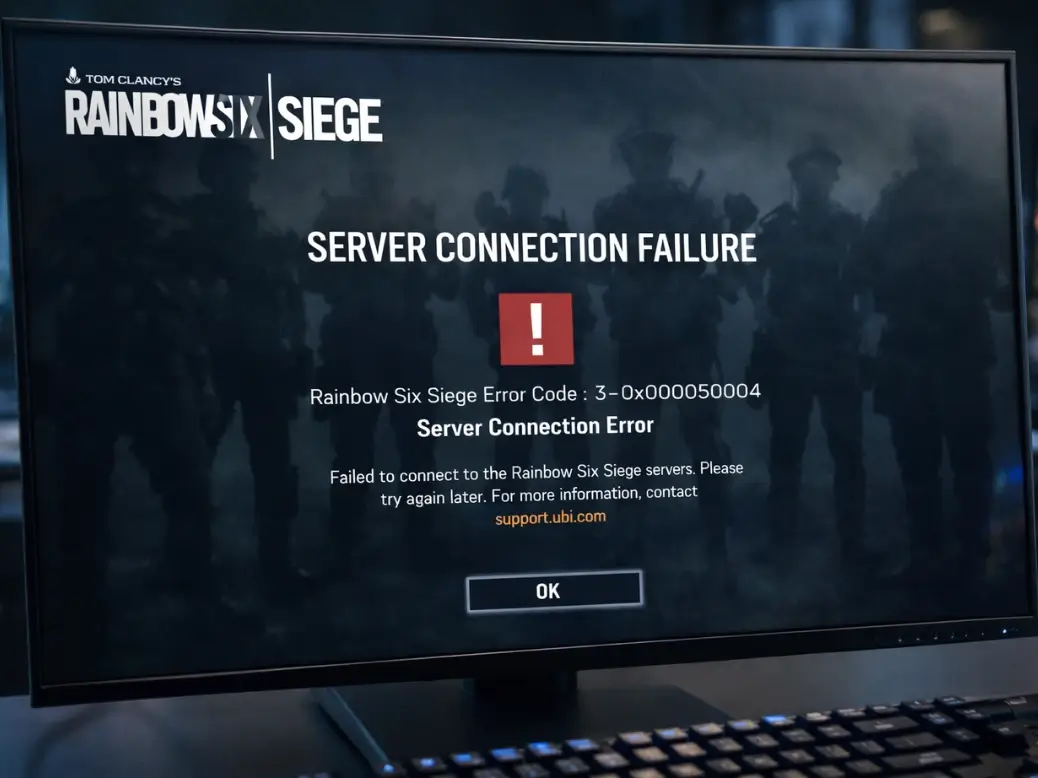 Rainbow Six Siege error screen showing server connection failure on PC